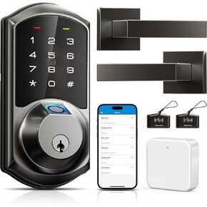 Veise Fingerprint Smart Locks for Front Door with 2 Handle, APP Remote Control with Gateway, Matte Black