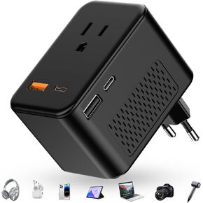 220V to 110V Voltage Converter US to Europe, European Travel Plug Adapter, PD 20W Quick Charging, 2 USB-A & 2 USB-C Port, Universal 1400W Power Converter Adapter Combo for Italy, Spain, France