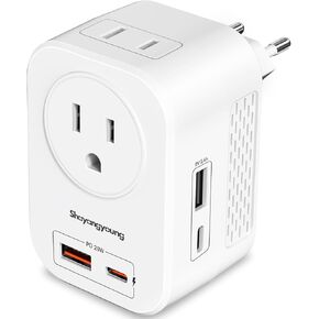 220V to 110V Voltage Converter US to Europe International Universal Travel Adapter, 20W PD with 2 USB-A 2 USB-C Port, Worldwide Power Converter Plug Combo US to Spain Italy Greece #White