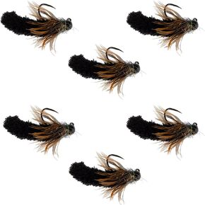 The Fly Fishing Place Tungsten Bead Black Mop Fly Tactical Jig Czech Euro Nymph Barbless Nymphing Fly - 6 Flies Size 14