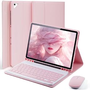 حالة لوحة المفاتيح لـ iPad 9.7 Inch و iPad 6th Generation (2018) و iPad 5th Gen (2017) و iPad Air 2 (2014) و - Mouse و Desachable Keyboard for iPad Pro 9.7 و Slim Case with Pen Holder و Auto Sleep/Wake -Pink
