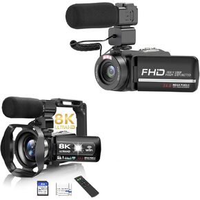 2-Pack Camcorder Bundle: 8K 48MP UHD Video Camera with WiFi & IR Night Vision + 1080P 30MP Vlogging Camera with Tripod, Microphone, Remote, 2 Batteries, SD Card