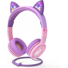 FosPower Kids Headphones with LED Cat Ears (85dB Safe Volume Limit), 3.5mm Soft On-Ear Wired Headphones with Tangle-Free Laced Cables for iPad/Tablet/School/Travel - Hot Pink/Purple
