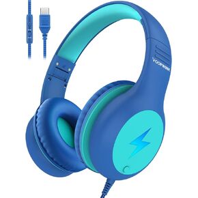 Woopvink Kids Headphones Wired with Microphone, USB C Headphones for Kids Girls Boys with Cord/LED Lights/85/94dB Volume Limit, Portable Over Ear Headphones for School/Travel/Tablet/iPad