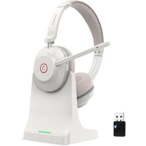 Wireless Headset, QCC 5.2 Bluetooth Headset with Microphone Noise Canceling/USB Dongle, Wireless Headphones with CVC 8.0 Dual Mic/Charging Dock for Office Remote Work Teams Meetings Computer Phone