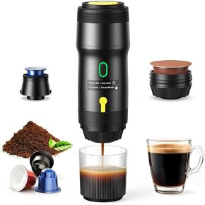 Portable Electric Espresso Machine, Car Self-Heating Coffee Maker with USB-DC, Travel Coffee Machine for Camping, Compatible With NS Capsules & Ground Coffee, Portable Coffee Maker for Hiking, RV,Home