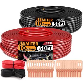كابل سلك المقياس jeemiter AWG 10 CCA (100 قدم كل أسود/أحمر) مع توصيلات شوكة شوكة ، موصلات تقليص الحرارة لكابل الطاقة/الأرض ، مكبر صوت سيارة.