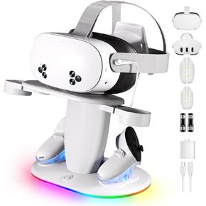 Charging Dock Compatible with Meta Quest 3/3S/2, Magnetic VR Stand with Fast Charging, RGB Lighting, 2 Rechargeable Batteries, Type-C, Accessories for Oculus Quest Headset and Controllers