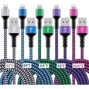 [3/6/10ft-5pack] iPhone Charger Apple Apple Exclude Charge Charges Cable Power Data Cable Cable Nylon مضفر سلك الشحن السريع لـ iPhone 13 12 Pro Max Mini 11 XR XS X 10 8 7 6S 6 Plus SE 2020 ، iPad