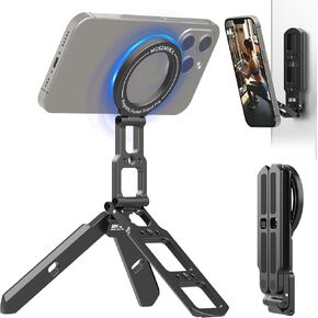 Dual Magnetic Phone Tripod Foldable Double Magnet Mount Pocket Cell Phone Stand Handle Stick for iPhone 16/15/14/13/12 Plus Max for Ipad Travel Gym Magnetic Tripod [US Patent Registered]