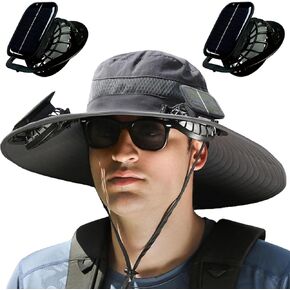 Wide Brim Solar Fan Outdoor Fishing Hat,Men Sun Hat with 2 Solar Fan Fishing Hats,Solar Fan Hat Upf50+,3 Speed Adjustable Fan Hat（Dark Gray）