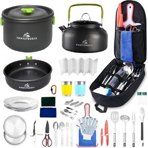 Outdoor Campfire Cooking Set - Complete Camp Kitchen Accessories, Pots, Pans, Utensils for Camping Trips
