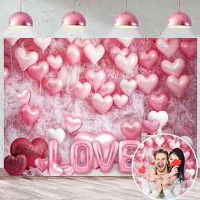 Pink Heart Photo Backdrop Valentines Decorations 7x5FT White Wood Floor Pink Loveheart Balloons Photography Background Birthday Baby Shower Birthday Party Selfile Wall Decor