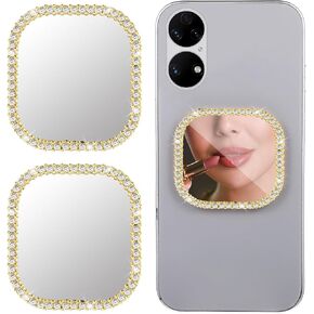 Square Phone Mirror, 2 PCS Bling Phone Case Mirror Decal Charm Slim Mirrors Sticker Bling Makeup Travel Phones Case Mirrors Sticker Stick on Back of Phones Charm