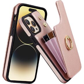 Elteker Phone Case Compatible with iPhone 14 Pro Max Case with Card Holder,RFID Blocking Wallet Case for Women with Ring-Holder Case for iPhone 14 Pro Max - Purple