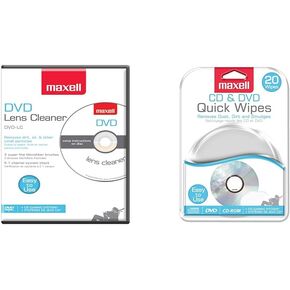 Maxell - 190059 ، منظف العدسات DVD مع نظام فرشاة الألياف الدقيقة والمناديل السريعة للقرص المضغوط والأقراص DVD ، قم بإزالة الأوساخ ، الغبار ، والطخات ، رائعة لأقراص DVD ، أقراص CD ، أقراص PlayStation ، وأقراص Xbox ، 20pk (190511)