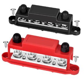 Power Distribution Block Bus Bar, 4 x 3/8" (M10) 12V 250A Terminal Studs Busbar for Battery, Solar, RV, Boat, Automotive - Positive & Negative (Pair, Red & Black)