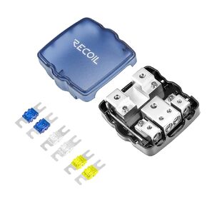 Recoil MPG2 2-Way Mini-ANL Fused Distribution Block with Ground Block, Each Positive and Negative Block with One 0/2/4 Gauge Inputs & Two 4/8 Gauge Outputs, Fused Distribution Block with 6pcs Fuses