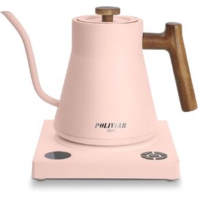 POLIVIAR Electric Gooseneck Kettle, 1200W Electric Tea Kettle Real Wood Handle, 34oz Pour Over Electric Kettle for Coffee & Tea, 18/8 Stainless Steel Inner, Temperature Control & Rapid Heating