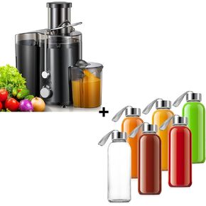 QCen 800W Juicer Machine Metallic Black and 6PCS Glass Bottle Bundle