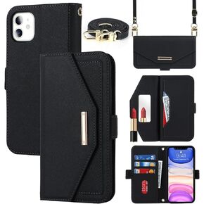 Jaorty Crossbody Wallet for iPhone 11 Case with Adjustable Lanyard Strap Credit Card Holder 6.1",PU Leather Handbag Purse Kickstand Make Up Mirror Cover Case for Men Women Girl,Blue