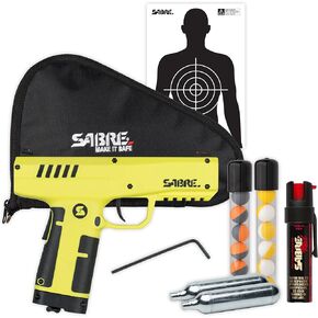 SABRE Home Defense Pepper Projectile Launcher, Large Size with (7) 0.68 Cal. Projectiles - 40% More Stopping Power for Extra Home Protection, 6.89"W x 8.56"H, and Made in USA SABRE Pepper Gel Canister