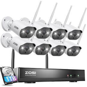 ZOSI 8CH 2K Wireless Security Camera System with 1TB Hard Drive,8x 3MP WiFi Outdoor Surveillance Cameras,Night Vision,Light and Siren Alarm,2 Way Audio,2K H.265+ 8Channel NVR for 24/7 Recording