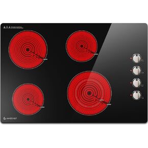 AMZCHEF 30 Inch Electric Cooktop 4 Burners, Upgraded 6700W Knob Control Built-in Ceramic Cooktop,Electric StoveTop,9 Heating Level,Hot Surface Indicator, 220V~240V,Hard Wire(No Plug)