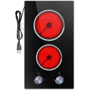 2 Burner Electric Cooktop ، سد موقد كهربائي 12 بوصة في الموقد أعلى 120 فولت 2000 واط التحكم مع الموقت ، 9 مستوى التدفئة ، حماية ارتفاع درجة الحرارة ، إنذار العالي ، المدمج أو كونترتوب ، Pladeca