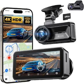 Dash Cam Front and Rear Camera: Touch Screen 4k Car Camera with STARVIS Sensor 5G WiFi GPS Free 64GB Card - Night Vision Dashcam with G-Sensor Loop Recording App Control Parking Monitor