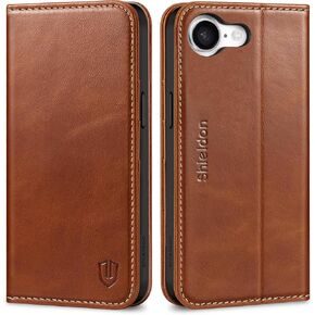 SHIELDON Wallet Case for iPhone 16e 2025, Genuine Leather RFID Blocking Credit Card Holder Folio Magnetic Kickstand Shock-Absorbent Protective Phone Case Compatible with iPhone 16e 6.1" - Nappa Black