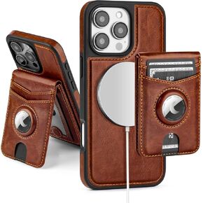 Compatible with MagSafe iPhone 16 Pro Max Case Wallet with AirTag Holder,2 in 1 PU Leather Magnetic Detachable RFID Blocking Credit Card Holder Flip Cover Kickstand for Men Women,Brown