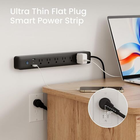 قطاع الطاقة الذكي Ghome، 3 USB (2A1C 30W) و6 منافذ يتم التحكم فيها بشكل فردي، واقي زيادة التيار اللاسلكي متوافق مع Alexa Google، مراقب الطاقة، قابس مسطح قابل للتركيب بطول 7 أقدام مع حماية من التحميل الزائد in Kuwait