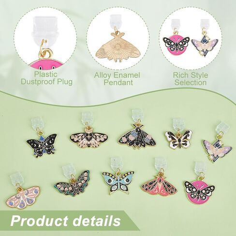 OLYCRAFT 10pcs type-c dust plug charm 1 ~ 1.3 inch phone anti-dust plugs with butterfly pendants mobile slutplack diproof moth usb c caps port presourtants for type-c usb phone in Kuwait