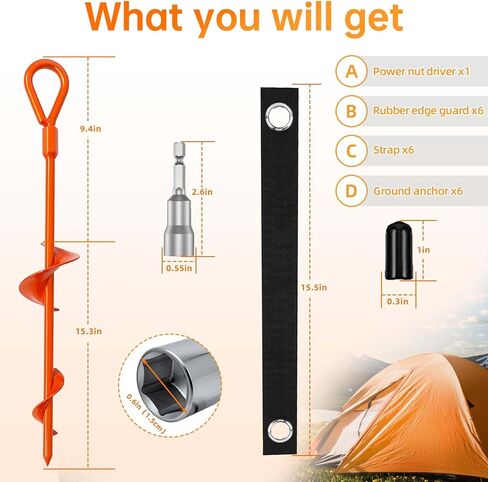 Ground Anchor,Heavy Duty Tent Stakes Trampoline Anchors, Ground Anchors Screw in, Trampoline Anchor Kit with Straps,for Camping Tent, Swing Sets, Sheds, Trampoline(6 Pack,Orange) in Kuwait