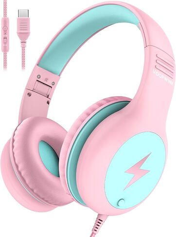 Woopvink Kids Headphones Wired with Microphone, USB C Headphones for Kids Girls Boys with Cord/LED Lights/85/94dB Volume Limit, Portable Over Ear Headphones for School/Travel/Tablet/iPad in Kuwait