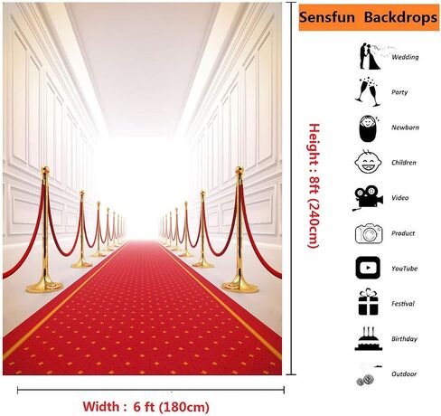 Sensfun Red Carpet Curtain Photography Backdrop Hollywood Theme Party Background Vinyl Red Gold Stage Backdrops for Royal Prom Wedding Birthday Xmas Event Decorations Photo Booth Studio Props 8x10ft in Saudi Arabia