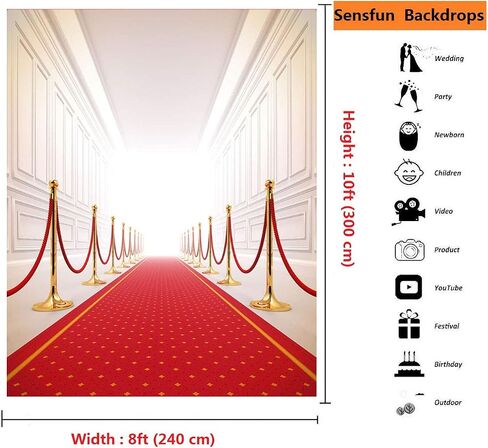 Sensfun Red Carpet Curtain Photography Backdrop Hollywood Theme Party Background Vinyl Red Gold Stage Backdrops for Royal Prom Wedding Birthday Xmas Event Decorations Photo Booth Studio Props 8x10ft in Saudi Arabia