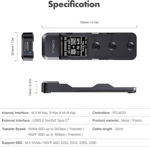 ineo M.2 NVMe & SATA to USB C 20Gbps Docking Station for M Key, B+M Key Support 2280 2260 2242 2230 SSDs (M.2 20Gb Dock) in Kuwait