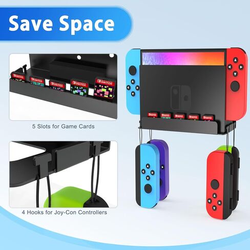 Switch Wall Mount Kit for Nintendo Switch and Switch OLED, Metal Switch Dock Console Holder Stand with 5 Game Card Holders and 4 Joy Con Hanger, Safely Store Switch Console Near or Behind TV, Black in Kuwait