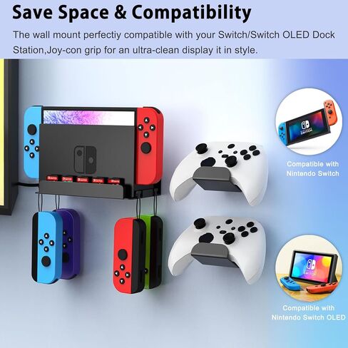 Switch Wall Mount Kit for Nintendo Switch and Switch OLED, Metal Switch Dock Console Holder Stand with 5 Game Card Holders and 4 Joy Con Hanger, Safely Store Switch Console Near or Behind TV, Black in Kuwait