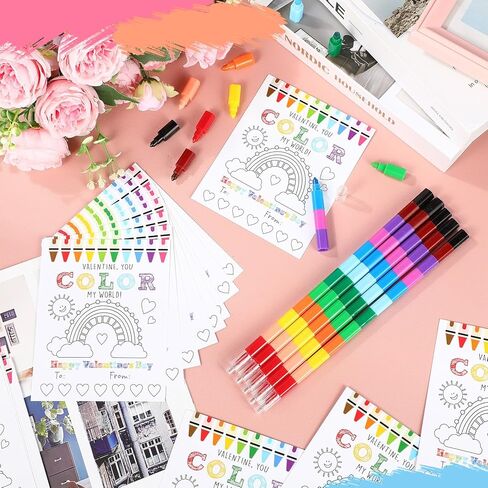 24 PCS Valentine's Day Kids Gift Sets DIY Valentines Coloring Corning Card 10 Color Clostable Clayon Valentines School Classroom Exchange Card Boys Boys Art Party Girl (Pen) in Kuwait