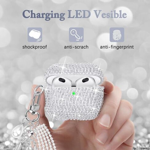 Compatible with AirPods 3rd Generation Case Bling Crystal Glitter Rhinestone Cute Case for AirPods 3 with Shining Diamond Keychain Wristlet in Saudi Arabia