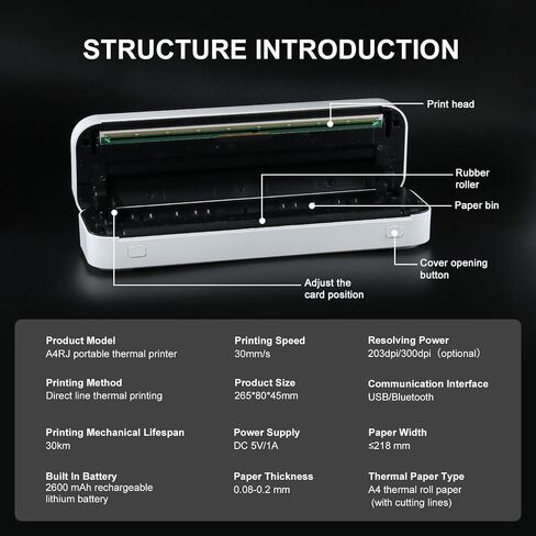 Wireless Portable Printer, Thermal Travel Printer, Inkless Printing Bluetooth & USB Printer Support 8.5"X11" US Letter/A4/A5 Thermal Paper, Compatible with Android & iOS Phone/Laptop in Saudi Arabia