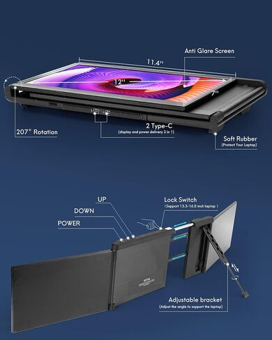 Alecewey Portable Monitor for Laptop Screen Extender Dual Monitor 12 Inch FHD 1080P IPS Display USB-A/Type-C/HDMI/Speakers for 13-16 Inch Computer Mac Windows Phone in Saudi Arabia
