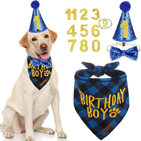 EXPAWLORER Dog Birthday Party Supplies - Birthday Boy Dog Bandana, Dog Birthday Hat with Numbers, Elegant Bow Tie Dog Collar, Cute Dog Birthday Outfit for Large X-Large Dogs (X-Large, Blue) in Saudi Arabia