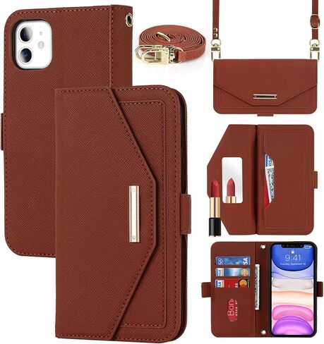 Jaorty Crossbody Wallet for iPhone 11 Case with Adjustable Lanyard Strap Credit Card Holder 6.1",PU Leather Handbag Purse Kickstand Make Up Mirror Cover Case for Men Women Girl,Blue in Saudi Arabia