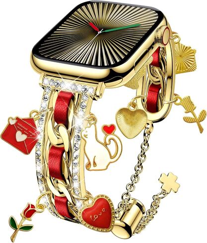 XYF Stylish Compatible with Women Apple Watch Bands 41mm 40mm 38mm 42mm, Bling Pendants Charms Bracelet for iWatch Series 10 9 8 7 6 5 4 3 2 1 SE Ultra（Gold/Black,42/41/40/38） in Saudi Arabia