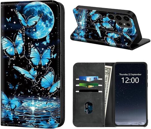 Phone Case Wallet for Samsung Galaxy S25 Ultra, Blue Moon Butterfly, RFID Women Approved Cell Phone Wallet with 3 Card Slots,Flip PU Leather Magnetic Closure Cover for Galaxy S25 Ultra in Kuwait