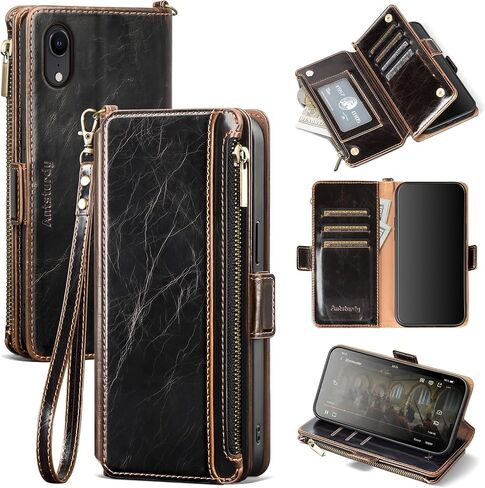 Antsturdy لهاتف iPhone XR حافظة محفظة 【RFID Blocking】 حافظة هاتف من جلد البولي يوريثان للنساء والرجال غطاء واقٍ مضاد للصدمات مع حزام معصم وجيب بسحاب وفتحات لبطاقات الائتمان، لهاتف Apple XR، أحمر نبيذي in Saudi Arabia